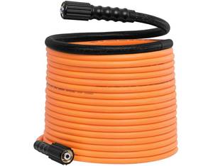 lot 15774 image: YAMATIC Upgraded Durable Pressure Washer Hose 50FT 14, Kink Resistant Power Washer Hose Replacement for Flexzilla Uberflex Ryobi Genarac Troy Bilt Leak-Free M22 Fittings, 3700 PSI, Orange - Retail $55