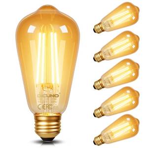 lot 15776 image: DiCUNO E26 Edison Bulbs 60W, 2200K Amber Warm, 6W LED Edison Bulb ST64, Amber Glass, Vintage LED Light for Home, 600LM, Non-Dimmable, CRI 80, Pack of 5 - Retail $22