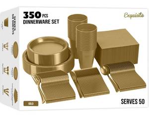 lot 15780 image: 350 Pcs Gold Plastic Plates For Party, Gold Disposable Plates Set, 50 Of Each 9 Dinner Plate Set, 7 Dessert Plate, Cups, Napkins & Cutlery Plastic Dinnerware Party Solids - Retail $40