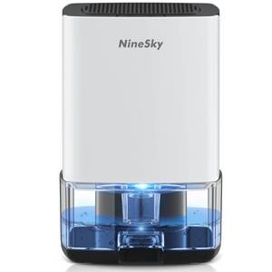 lot 15782 image: NineSky Dehumidifier for Home, 35oz Water Tank (300 sq.ft), Small Dehumidifiers for Bathroom, Bedroom, Basement with 7 Colorful Lights, Auto Shut Off, White - Retail $40