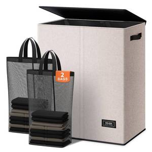 lot 15783 image: SOLEDI Large Double Laundry Hamper with Lid, Collapsible Clothes Hamper 2 section with Removable Bags, Space-Saving Laundry Basket for Bedroom, Dorm, College - Retail $34