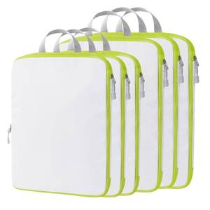 lot 15794 image: Compression Packing Cubes, 6 Set Packing Cubes for Travel Compression, Lightweight Compressible Package Organizer for Carry On and Suitcases, White and Green - Retail $16