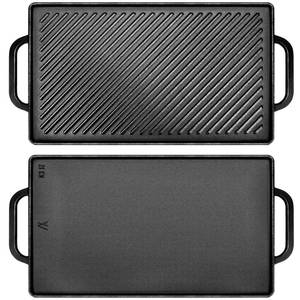lot 15795 image: GGC Cast Iron Reversible Griddle, Double-sided Griddle Pan for Indoor and Outdoor Cooking, 15 x 9 Griddle Plate with Flat and Ribbed Side for Stove Tops, Gas Grills and Camping - Retail $31