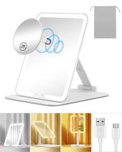 lot 16005 image: Gospire Travel Makeup Mirror with Lights and Magnification 10X, Portable Make Up Compact Tabletop with Adjustable Stand, 3 Colored Light Rechargeable Lighted LED Cosmetic Vanity- White - Retail $30