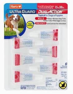 lot 16015 image: Hartz UltraGuard Dual Action Flea & Tick Topical Dogs & Puppies Treatment & Prevention, 6 Months, 15-30 lbs - Retail $13