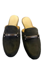 lot 16477 image: Black Suede Mules with Metal Bar Detail Size 39 - Retail $25