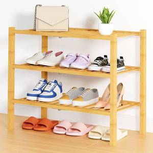 lot 19327 image: Smiry Shoe Rack, 3 Tier Thick Bamboo Shoe Organizer, Stackable Free Standing Wooden Shoe Storage Shelf for Closet, Entryway, Front Door Entrance, Natural - Retail $24