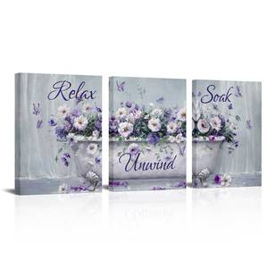 lot 19345 image: Welmeco Bathroom Decor Wall Art Flower Bathtub Painting Bathroom Signs Relax Soak Unwind Prints Framed 12x16x3 Pieces (Purple) - Retail $33