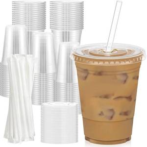 lot 19346 image: Dealusy 100 Pack - 16 oz Clear Plastic Cups with Lids and Straws, Sturdy & Food Safe Iced Coffee Cups with lids, Disposable Plastic Smoothie Cups for Cold Drinks - Retail $24