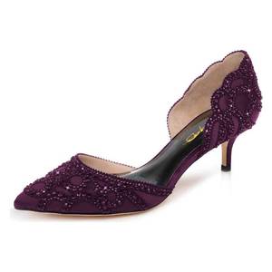 lot 19352 image: XYD Womens Pumps, Elegant Pointed Toe, DOrsay Kitten Low Heels, Rhinestone Studs, Slip-On Satin Shoes for Wedding Party (Size 8.5, Dark Purple) - Retail $89