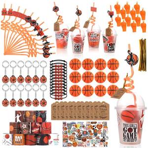 lot 19365 image: LiYiQ 158 Pcs Basketball Party Favors Basketball Party Supplies with Cup Straw Stress Ball Keychain Sticker Slaps Bracelets Whistle Thank You Tags for Basketball Birthday Decorations (Basketball) - Retail $22