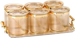 lot 19367 image: Acrylic Condiment Spice Jars,Condiment Spice Box With Lids and Spoons and Tray,Clear Plastic Condiment Canisters,Seasoning Box 6 Pack,Seasoning Box Set for Kitchen to Storage Salt,Paprika,Sugar - Retail $35