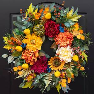 lot 19375 image: Pinkpuii 24 Inch Fall Wreaths for Front Door�� Autumn Harvest Wreath with Sunflower Pumpkin Peony Dahlia Pear Blueberries Eucalyptus and Maple Leaves�� Indoor Outdoor Thanksgiving Halloween Decorations - Retail $20