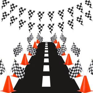 lot 19385 image: Skylety Traffic Cones and Racing Checkered Flags Set-Include 12 Plastic Traffic Cones,12 Flags with Sticks,31 ft Checkered Pennant Banner and 9.8 x 2 ft Racetrack Floor Running Mat(Orange) - Retail $24