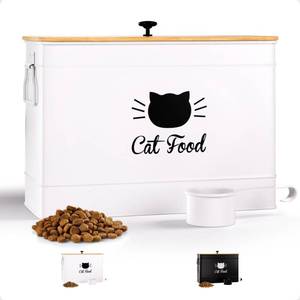 lot 19392 image: Cat Food Storage Container with Scoop - 15 lb (50 Cup) Capacity Metal Cat Food Container with Airtight Bamboo Lid & Metal Scoop - Airtight Pet Food Storage Containers - 15 lb Treats & Kibble Container - Retail $45