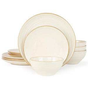 lot 19394 image: Famiware Jupiter Dinnerware Set, Plates and Bowls Dish Sets for 4 (12 Pieces), Microwave and Dishwasher Safe Stoneware Speckled Tableware, Chip and Scratch Resistant, Vanilla White - Retail $66