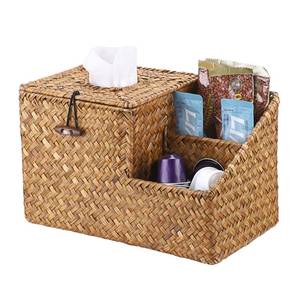 lot 20401 image: Sumnacon Square Woven Tissue Box Cover - Decorative Cube Tissue Box Holder with Side Organizer, Rustic Seagrass Tissue Box for Living Room Vanity Night Stand Table Countertop Office,Caramel - Retail $20