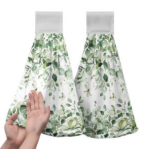 lot 20411 image: Eucalyptus Leaves Hanging Hand Towels Sage Green Leaf Kitchen Towels with Hanging Loop Spring Summer Floral Farmhouse Greenery Tea Dish Towels Soft Absorbent Fingertip Bath Tie Towels for Bathroom - Retail $17