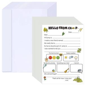 lot 20412 image: Motiskyy 12 Set Camp Stationary Fill in The Blank Postcards 11.6 x 8.6  Summer Sleepaway Camp Fillable Letters with White Envelopes Camping Fun Activities for Teenagers Adults - Retail $3,718