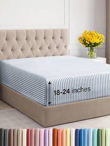 lot 20444 image: Extra Deep Twin Fitted Sheet - Hotel Luxury Single Fitted Sheet Only - Easily Fits 18 inch to 24 inch Mattress - Ultra Soft, Wrinkle Free with Extra Deep Pockets - Breathable & Comfy - Blue Stripes - Retail $20