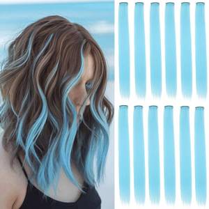 lot 20447 image: 12 Pcs Light Sky Blue hair extensions 22 Inch Straight colored hair colorful clip in extensions Highlight Party for Kids Girls and Women Gift(Light Sky Blue,42) - Retail $7
