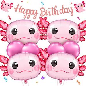 lot 20448 image: Trandraft 9 Pcs Axolotl Birthday Decorations Inflatable Party Supplies Include 4 Pcs Aluminum Foil Balloons 4 Round Balloons and 1 Axolotl Birthday Banner for Themed Party(Pink) - Retail $16