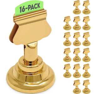 lot 20459 image: Table Number Holders (16pc) Premium Gold Metal Place Card Holders for Wedding Party Table Decor Picture Photo Holder (1.7 inch tall) - Retail $17