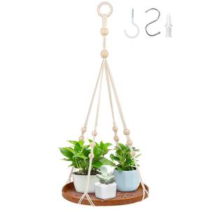 lot 20461 image: SUREAM Macrame Plant Shelf Hangers, Large Hanging Baskets with Flower CutOuts and Handmade Cotton, Indoor Outdoor Plant Hangers with Wood Tray for Garden Home Decor - Retail $18