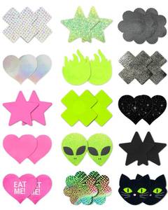 lot 20473 image: CICKEE Pasties Rave Neon Nipple Covers Sexy 15 Pairs Glitter Fun Pasties Pack Pasty Bra Boob Cover Festival Boob Covering Cat Alien-Glow in the Dark Green-Hot Pink - Retail $9