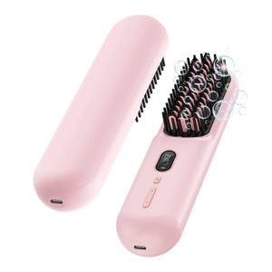 lot 20487 image: Cordless Hair Straightener Brush, Mini Portable Straightening Comb for Travel, USB-C Rechargeable, 12-Temp Settings, 30s Fast Heating, Negative Ions Smoother, 2 Hair Clips, Gift for Women, Pink - Retail $50