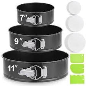 lot 5977 image: Wolfeee. Set of 3 Round Springform Cake Pans radius of each pan 7 in 9 in and 11 in - Retail $24