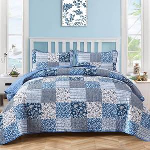 lot 1394 image: Mybedsoul Blue Quilt Set Full Size, 3 Pieces Plaid Floral Bedspread Set Patchwork Reversible Bedding Set Microfiber Lightweight Bedspread Coverlet Set for All Season 78x90 - Retail $42