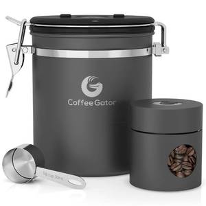 lot 2033 image: Coffee Gator Coffee Canister Airtight, 16oz Stainless Steel and 4oz Borosilicate Glass Travel Kitchen Food Storage Container with Date Tracker, Scoop for Beans, Ground, Sugar, Tea, Cookies Jars - Retail $27
