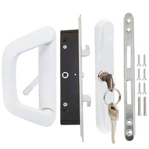 lot 2034 image: Augenweide Sliding Patio Door Handle Set with Mortise Lock, Key Cylinder and Keeper, 4-1516 Hole Spacing, Suitable for Sliding Glass Patio Door Thickness from 1.5 to 2 (White) - Retail $49