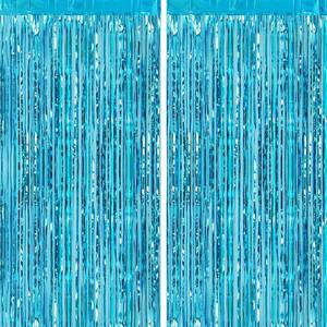 lot 2043 image: CHRORINE 2pcs 3ft x 8ft Light Blue Metallic Tinsel Foil Fringe Curtains Backdrop for Frozen Mermaid Blue Birthday Party Decorations, Baby Shower Bachelorette Bridal Shower Party Decorations - Retail $7