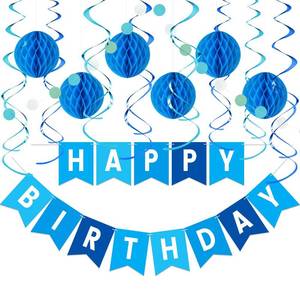 lot 2049 image: LITAUS Blue Birthday Decorations Kit - 16-Piece Set with Pre-Strung Happy Birthday Banner, Honeycomb Balls, Garland & Swirls  Blue Theme Party Supplies for Men Boys Kids, Teens Adults - Retail $10