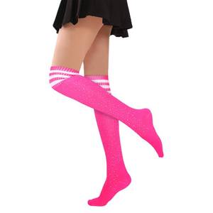 lot 2059 image: Violet Mist Hot Pink and White Striped Thigh High Socks for Women Rhinestone Over Knee High Stockings Glitter Sparkle Sexy Long Casual Socks Novelty Leg Warmers - Retail $14