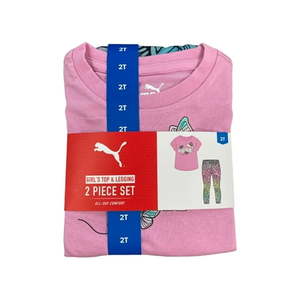 lot 2398 image: Puma Girl s 2 Piece Short Sleeve Top and Legging All Day Comfort Set (Pink MultiButterflies  2T) - Retail $20
