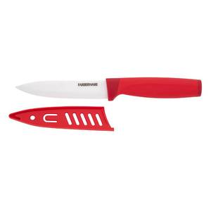 lot 2418 image: Farberware Ceramic 5-inch Utility Knife with Custom-Fit Blade Cover, Razor-Sharp Kitchen Knife with Ergonomic, Soft-Grip Handle, Dishwasher-Safe, 5-inch, Red - Retail $16
