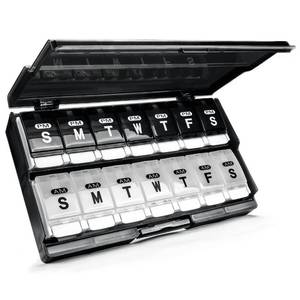 lot 2478 image: Extra Large Weekly Pill Organizer 2 Times a Day - Remtise AmPm Daily Pill Case Medicine Organizer, Push Button 7 Day Pill Box for PillsVitaminCod Liver OilSupplements (Black & White) - Retail $18