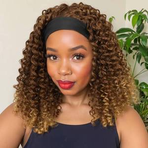 lot 2482 image: Fancy Hair 16 Inch Kinky Curly Headband Wig for Black Women Glueless Synthetic Half Wig with Headband None Human Hair(Brown to Blonde) - Retail $20