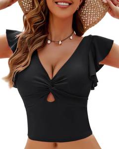 lot 2484 image: GRAPENT Black Swim Top - Womens Bikini Tankini Top with Ruffle - Tummy Control - Sizes M, 8, 10 - Retail $13