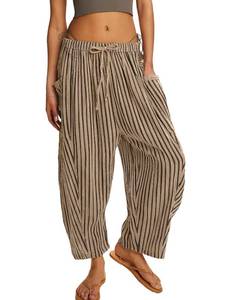 lot 2488 image: MISSACTIVER Women Summer Striped Harem Pants Flowy Baggy Casual Wide Leg Trousers Drawstring Boho Palazzo Pants with Pockets Brown S - Retail $35
