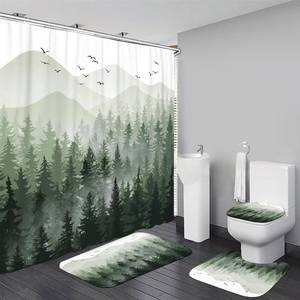 lot 2494 image: DDQQ 4Pcs Green Misty Forest Shower Curtain Sets with 12 Hooks, Non-Slip Rugs Toilet Lid Cover and Bath Mat for Bathroom Decor Sets, Nature Tree Mountain Shower Curtains for Bathroom - Retail $20