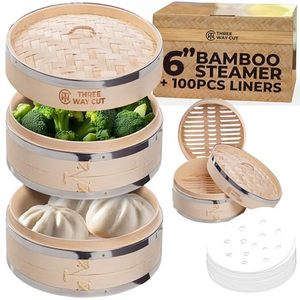 lot 3540 image: 6 inch Dumpling Bamboo Steamer 2 Tier (Steel Reinforced) W 100PCS Liners - 2 Bamboo Steamer Basket &amp Lid, Dumpling Steamers For Food Cooking Steaming Bao Bun, Dim Sum Chinese Asian &amp Vegetables&nbsp