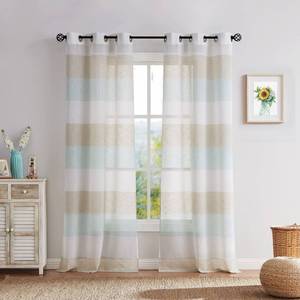 lot 3546 image: Central Park Tan and Spa Blue Stripe Sheer Color Block Window Curtain Panel Linen Window Treatment for Bedroom Living Room Farmhouse 95 inches Long with Grommets, 2 Panel Rustic Drapes - Retail $32