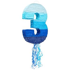 lot 3555 image: Ombre Blue Number 3 Pull String Pinata for Kids, 16.5x3x11.5 Fillable Hanging Decoration for 3rd Birthday Decorations for Boys Girls, Holds Candy, Confetti - Retail $24