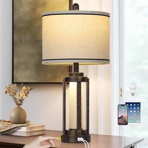 lot 3560 image: Farmhouse Industrial Lamp with USB AC Charging Ports & AC Outlet, 26 Vintage Rustic Retro Table Lamp with Glass LED Night Light & Linen Fabric Shade for Living Room Bedrooms Single(2 Bulbs Included) - Retail $60