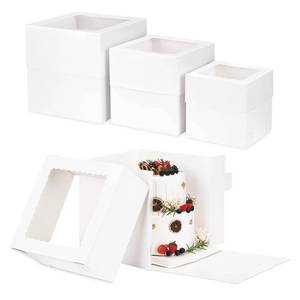lot 3574 image: Moretoes 12 Pcs Cake Box, Tall Cake Boxes with Window in 3 Sizes 12x12x12 10x10x10 8x8x8 Inches, Bakery Boxes Disposable Carrier Take Out Container, 2 or 3 Tier for Valentines Day Mothers Day - Retail $28
