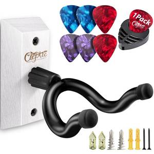 lot 4200 image: ClefArc Guitar Wall Mount - White Hardwood Guitar Wall Hangers, Guitar Picks, Pick Holder, Guitar Accessories, U-Shape Hardwood Guitar Hanger, Gifts for Guitarists, with 6 Assorted Guitar Picks - Retail $10